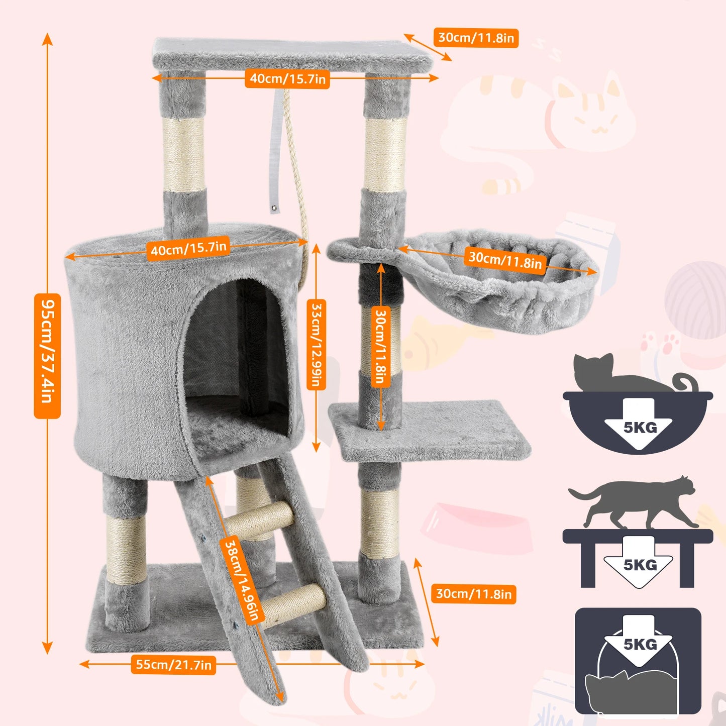 95CM Multi-Level cat tree tower (condo, scratching post, hammock)