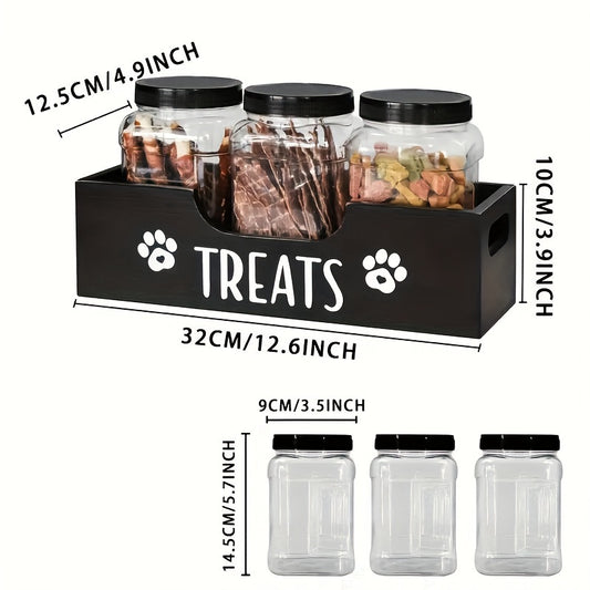 Wooden Pet Treat Holder with 3 Airtight Plastic Jars