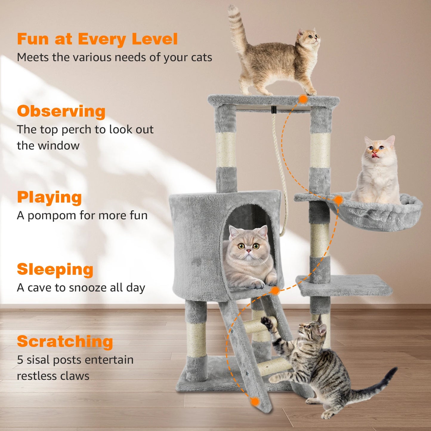 95CM Multi-Level cat tree tower (condo, scratching post, hammock)