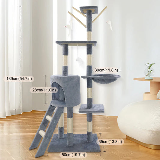 Cozy Pet Multi-Level Cat Tree Tower & Scratching Post – 140cm (Grey)