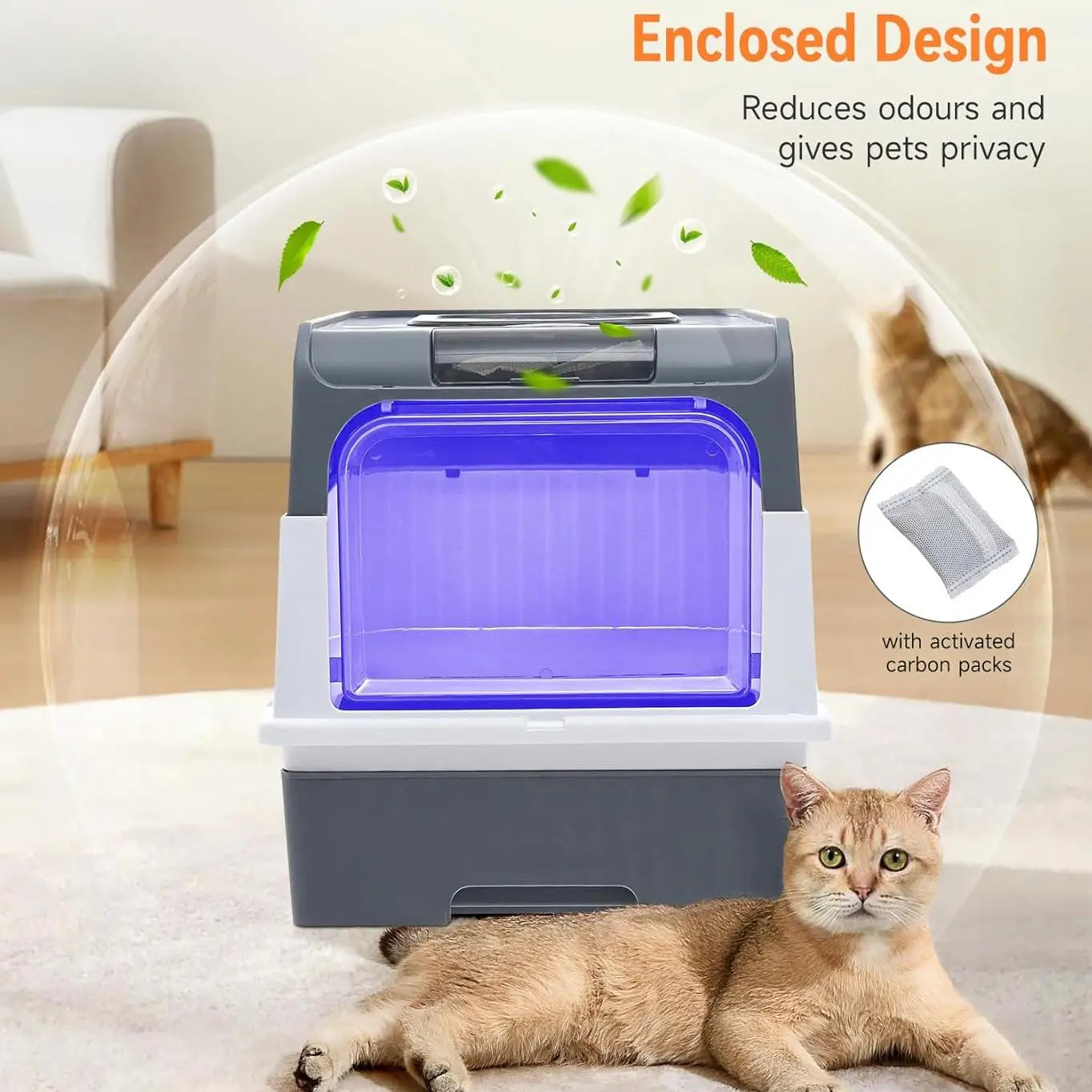 Enclosed Cat Litter Box with Drawer and UV Sterilization